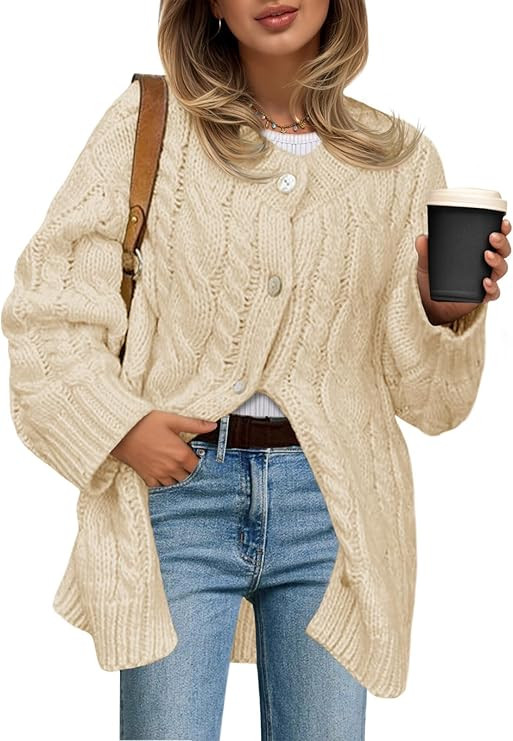Saodimallsu Womens Cable Knit Cardigan Sweaters Chunky Button Up Long Sleeve Crew Neck Warm Loose... | Amazon (US)