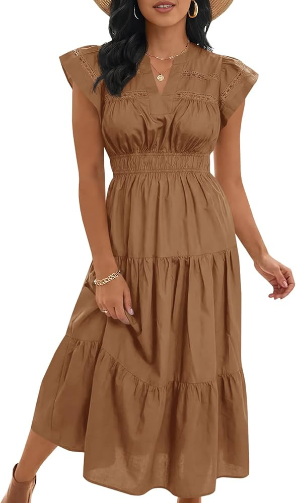 Wenrine Womens Dresses 2026 Summer V-Neck Ruffle Cap Sleeve Empire Waist Flowy Beach Midi Maxi Dr... | Amazon (US)