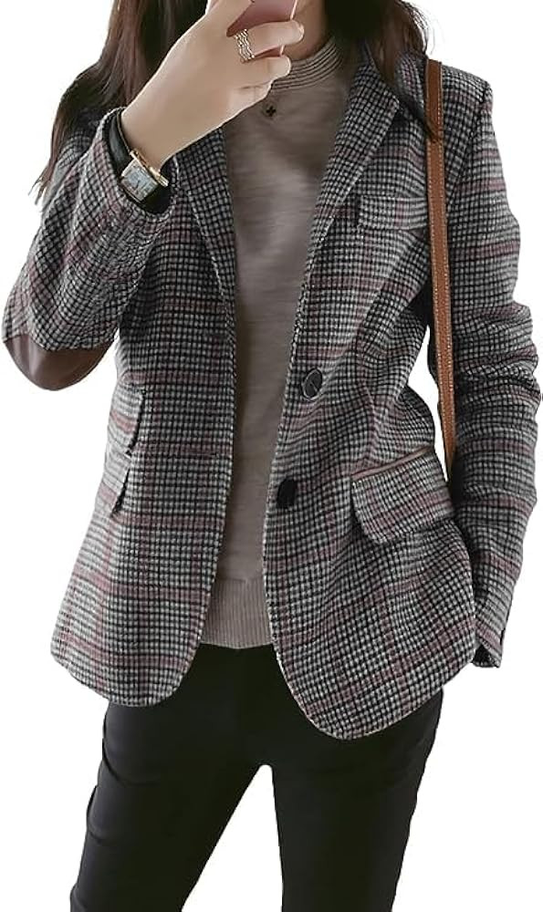 CHARTOU Women's Chic Lapel Collar Plaid 2-Button Business Work Office Blazer Suit Jacket | Amazon (US)