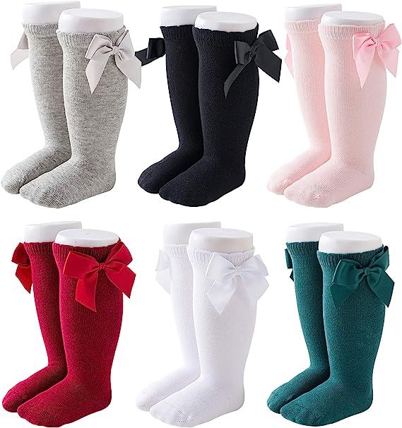 CozyWay Baby Girls Knee High Socks 3/6 Pack Bow Long Stockings Infants Toddlers Ruffled Socks Sch... | Amazon (US)