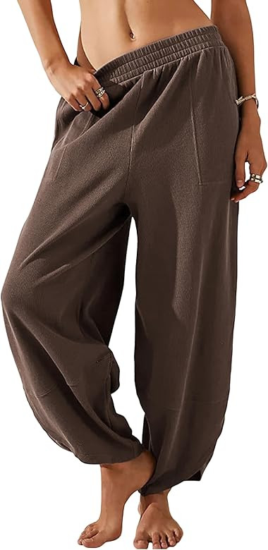 Himosyber Women Cotton Pants Wide Leg Pants Casual Loose Baggy Elastic Waist Beach Palazzo Harem ... | Amazon (US)