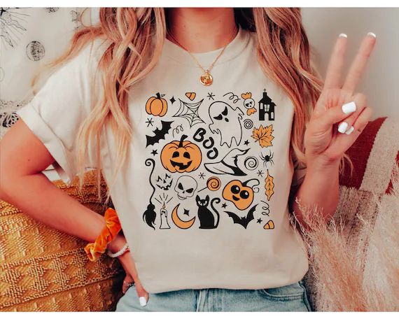 Vintage Halloween Sweatshirt, Doodle Halloween Sweater, Halloween Shirts for Women, Halloween Cre... | Etsy (US)