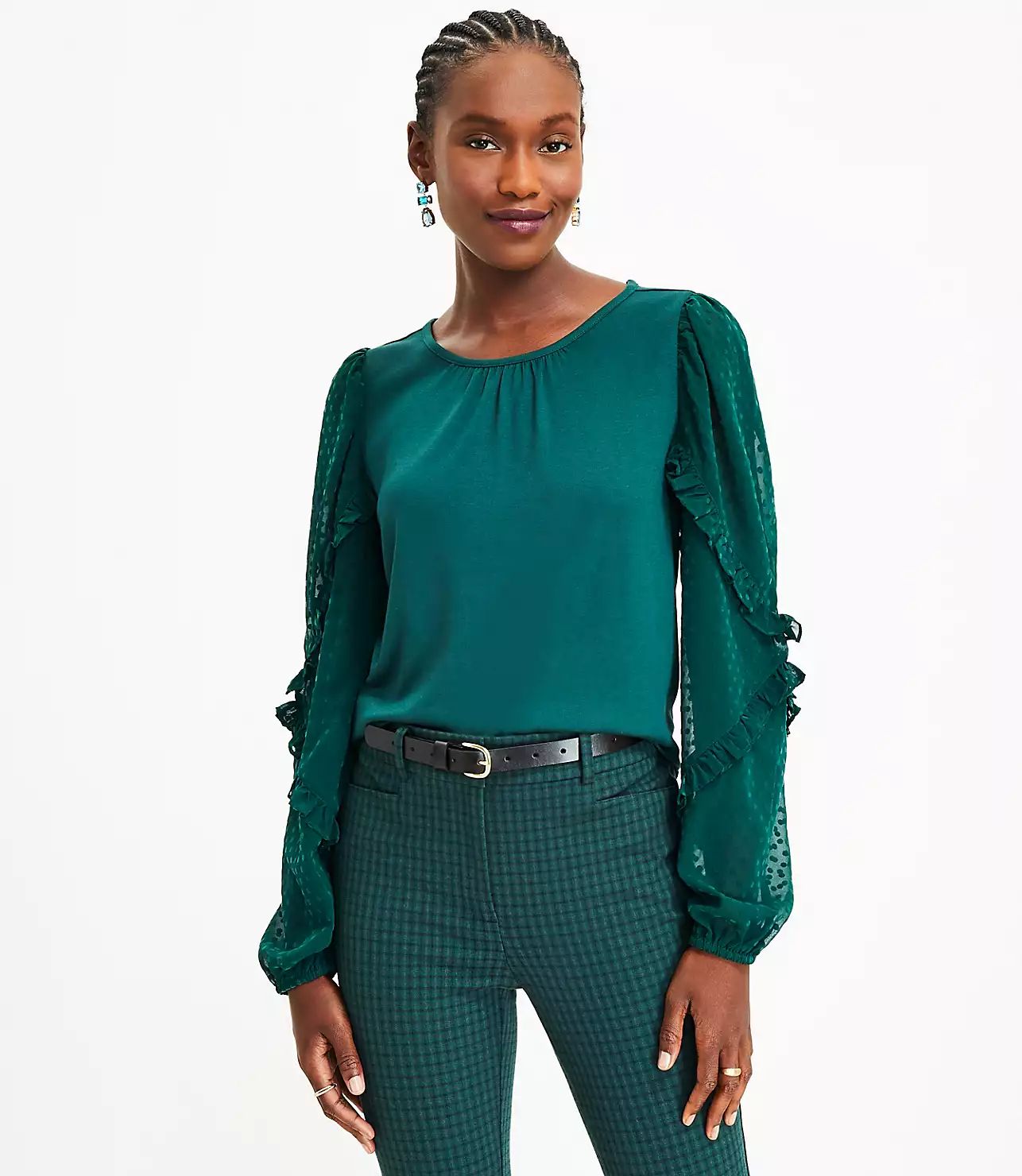 Velvet Dot Ruffle Sleeve Mixed Media Top | LOFT