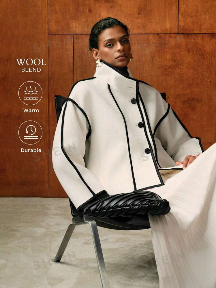 MOTF PREMIUM WOOL CONTRAST PIPING HIGH NECK SINGLE BREASTED PLACKET OVERCOAT | SHEIN | SHEIN
