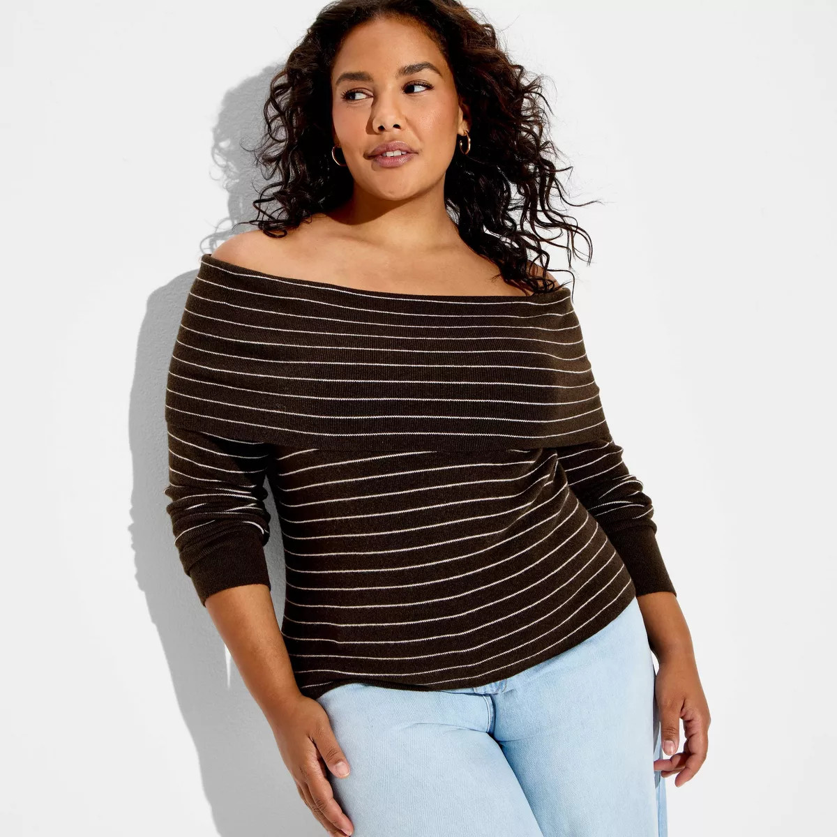 Women's Off the Shoulder Pullover Sweater - Wild Fable™ Brown Striped XXL | Target