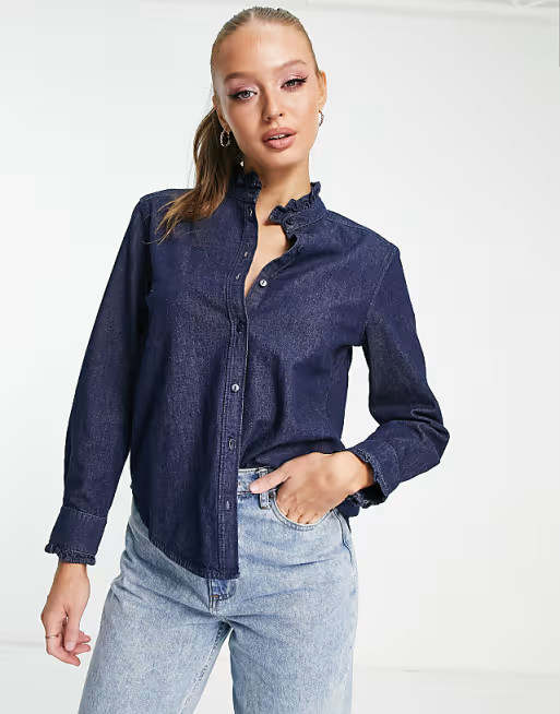 & Other Stories - Chemise en denim de coton à volants - Bleu foncé | ASOS (Global)
