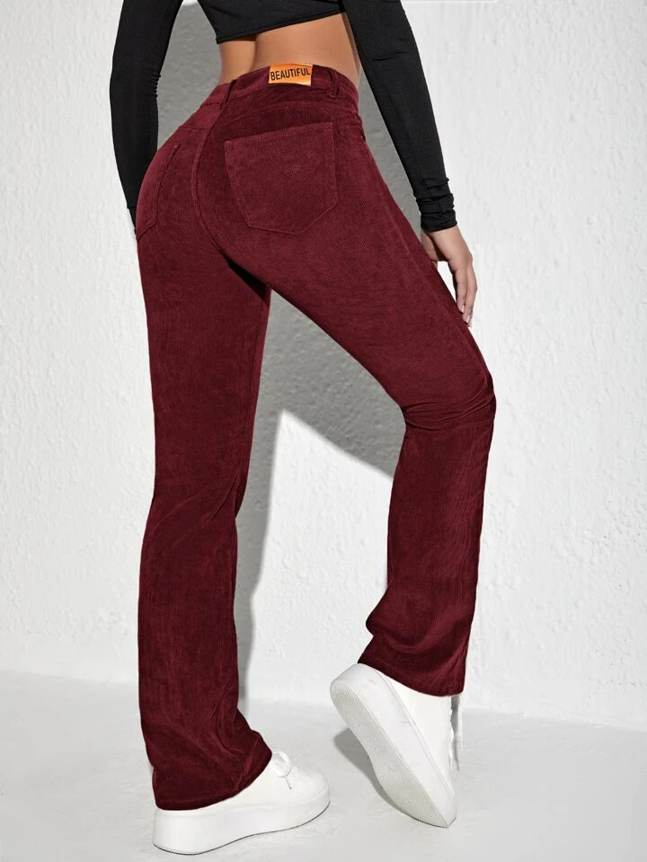 SHEIN MOOSTA Letter Patched Flare Leg Corduroy Pants | SHEIN