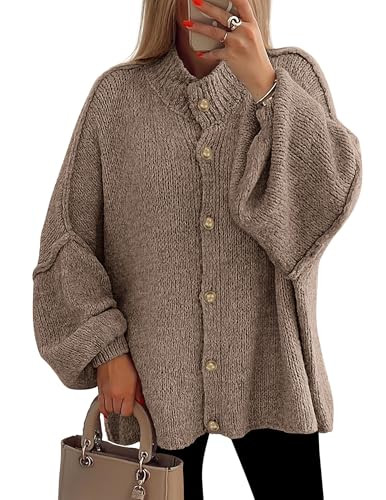 PRETTYGARDEN Women's Winter Button Down Cardigan Sweaters Mock Neck Lantern Long Sleeve Chunky Knit Jacket Trendy Outerwear (Camel,Small) | Amazon (US)