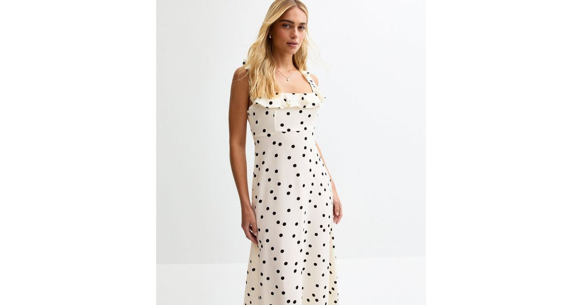Cream Polka Dot Ruffle Trim Chiffon Midi Dress | New Look | New Look (UK)