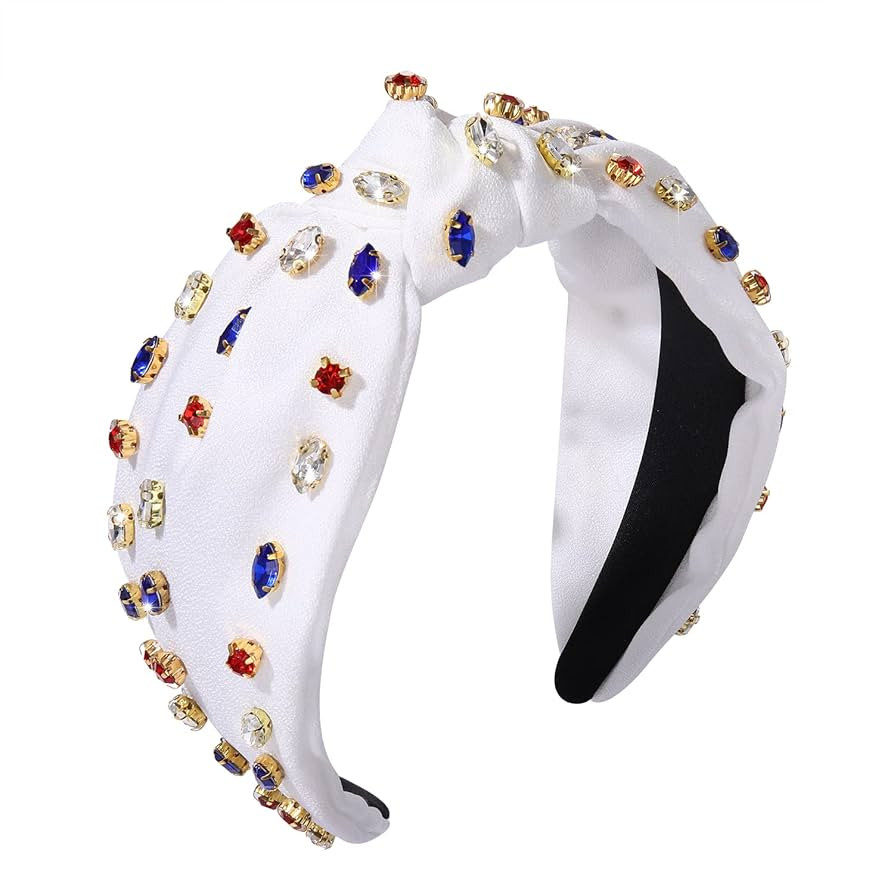 NVENF 4th of July Headbands Crystal Knotted Headbands for Women, Beaded Jeweled Headbands, Wide T... | Amazon (US)
