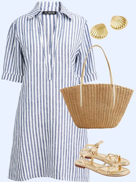 Love this blue and white linen spring dress, straw bag, shell earrings, gold sandals

#LTKfindsunder50 #LTKfindsunder100 #LTKshoecrush
