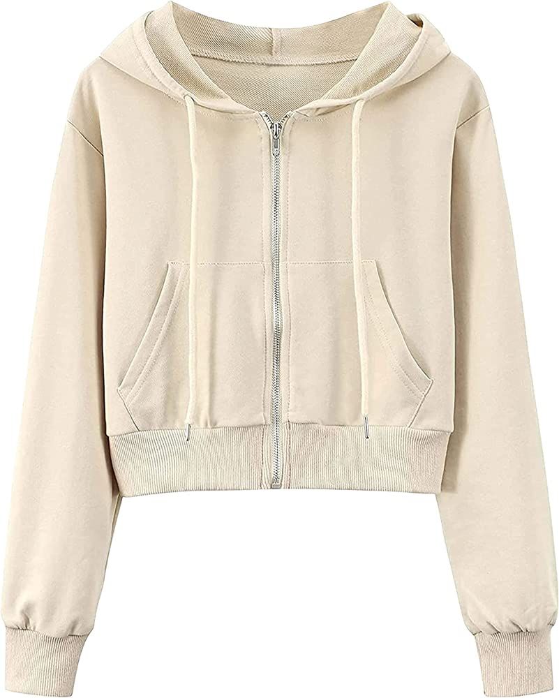 Ameliever Women's Cropped Zip Up Hoodie Pocketed Workout Drawstring Hooded Sweatshirts | Amazon (US)