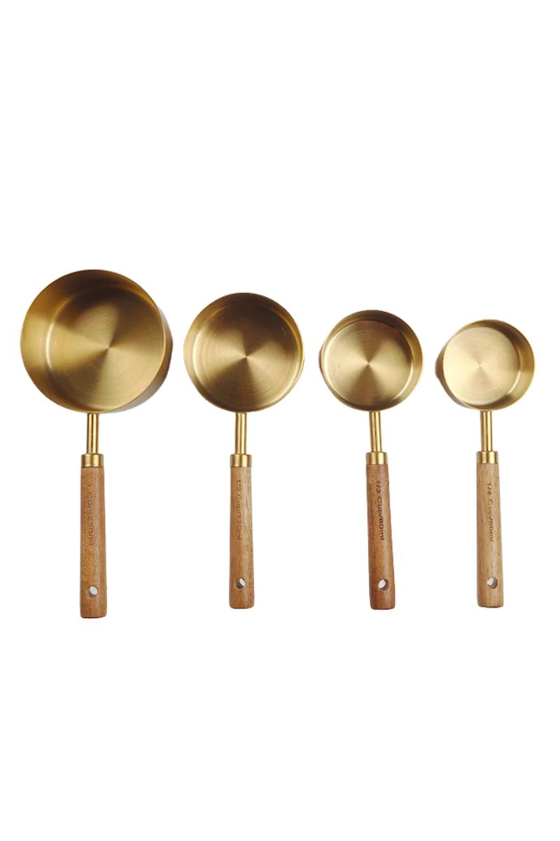 Gold and Acacia Wood Engraved Measuring Cups - Set of 4 | APIARY by The Busy Bee