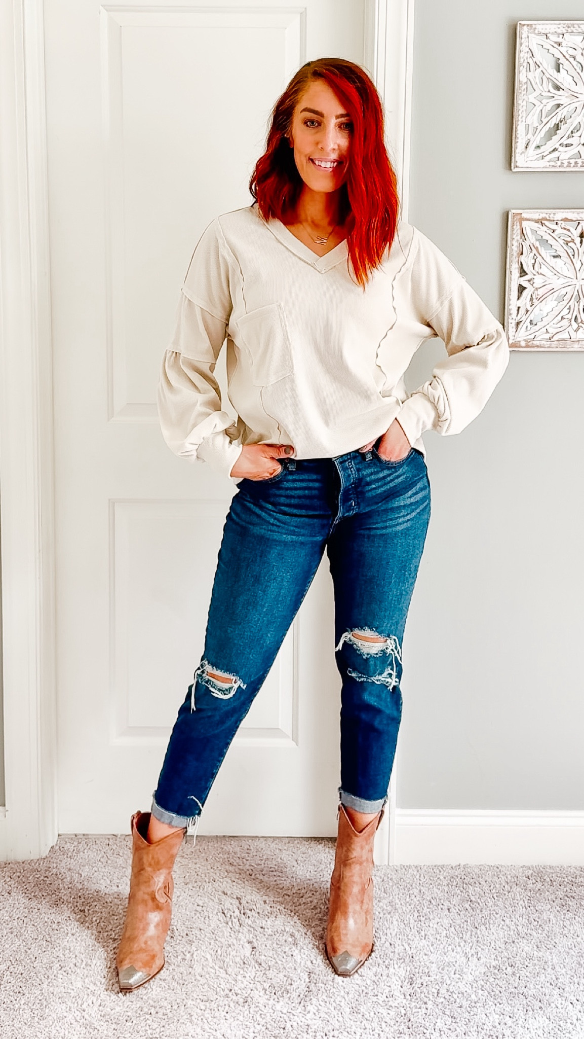A cute and neutral fall outfit idea! Wearing my balloon sleeve sweater from Amazon, my Old Navy High-Waisted Button-Fly O.G. Straight Ripped Cut-Off Jeans (that are on ‼️ clearance🚨 right now), and my new Lulu’s Neutral Naiya Western Ankle Boot! Cute, comfy, and perfect for the fall season! 

Long Sleeve Balloon Sleeve Top - Medium
Old Navy Jeans - 6 
Boots - 11

Old Navy fashion | Lulu’s fashion | Tall sizes | Amazon fashion | tall girl fashion | size 8 fashion | size 8 | Tall girl outfit | tall girl fashion | midsize fashion size 8 | midsize | tall fashion | tall women | fall outfit ideas | casual cute outfits | fashion over 35

#tallwomenfashion #tallgirlfashion #tallfashion #runningerrands

#LTKSaleAlert #LTKShoeCrush #LTKStyleTip