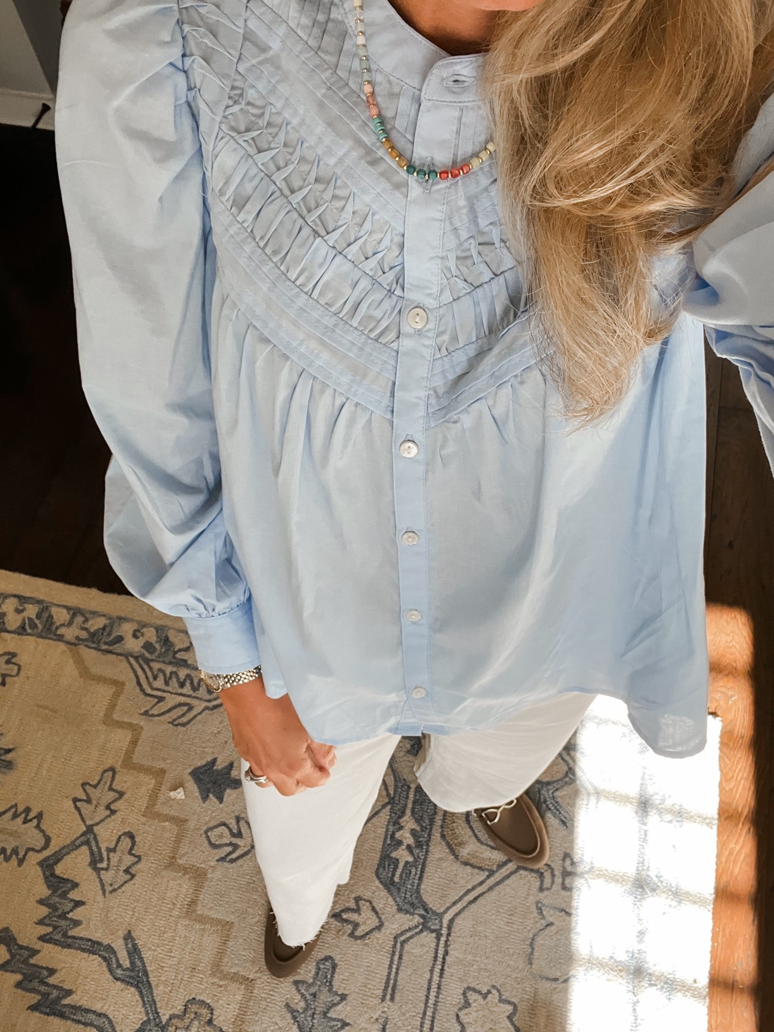 Blue blouse spring blouse spring top women’s spring outfit ecru denim cropped denim women’s outfit blue and white style 

#LTKWorkwear #LTKootd