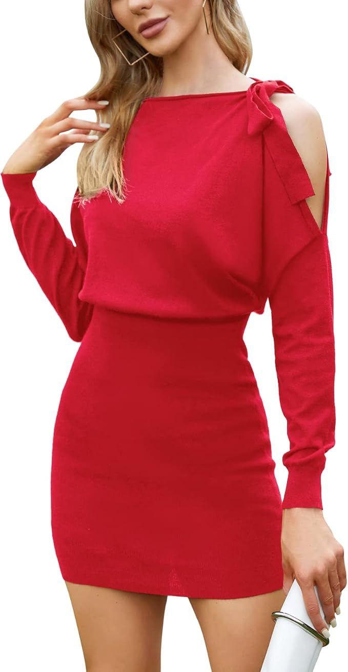 EXLURA Women's Knit Bodycon Mini Sweater Dress Long Sleeve One Shoulder Batwing Sheath Dress Sexy... | Amazon (US)
