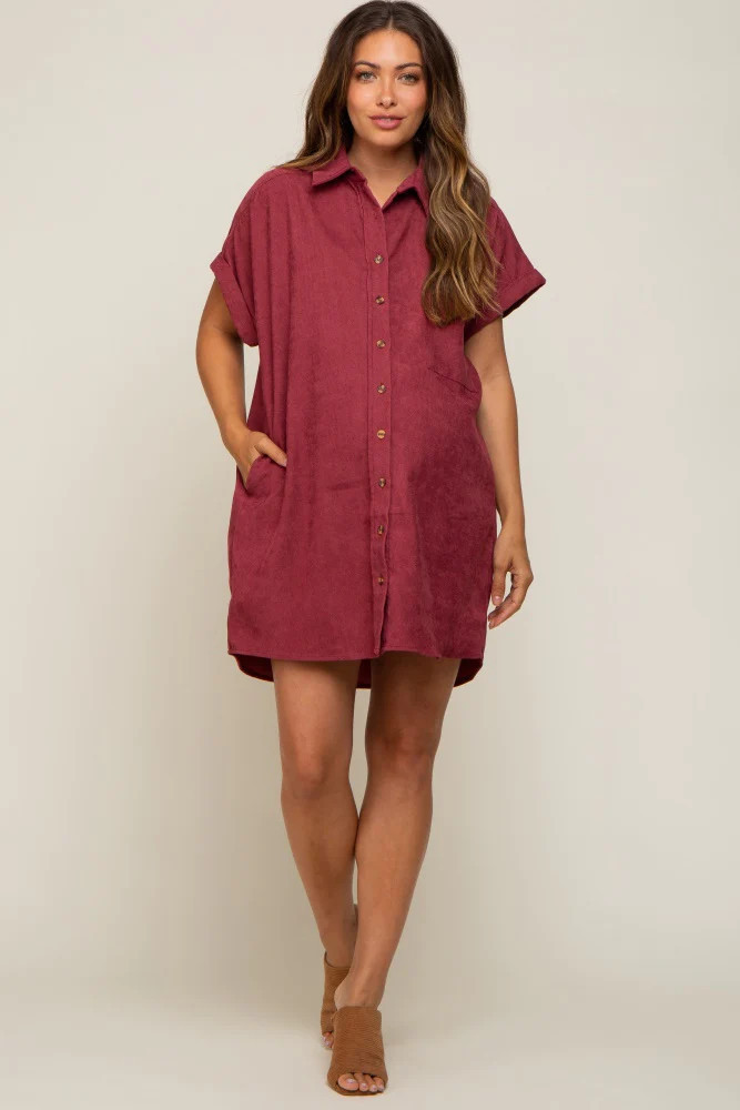 Burgundy Ribbed Button Down Maternity Mini Dress | PinkBlush Maternity
