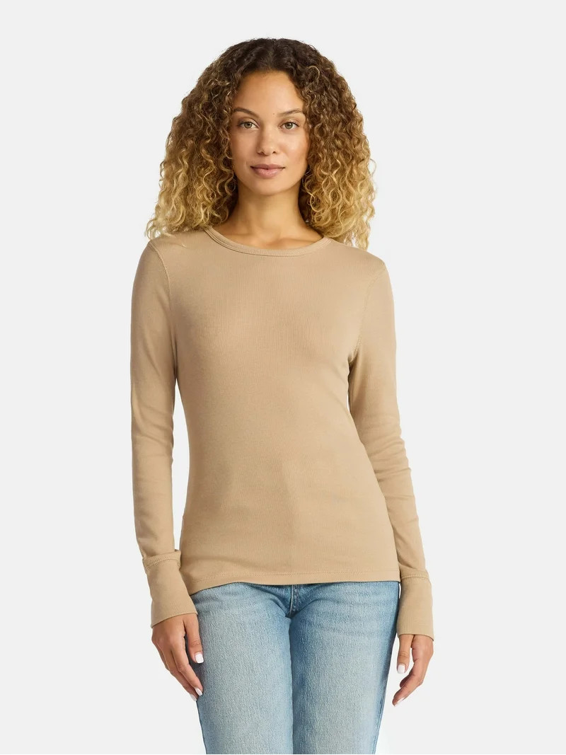 Time and Tru Women's Rib Tee with Long Sleeves, Size XS-XXXL | Walmart (US)