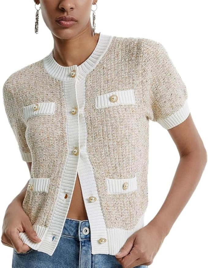 Womens Summer Button Down Cardigans Shirts Casual Short Sleeve Crew Neck Cropped Lightweight Swea... | Amazon (US)