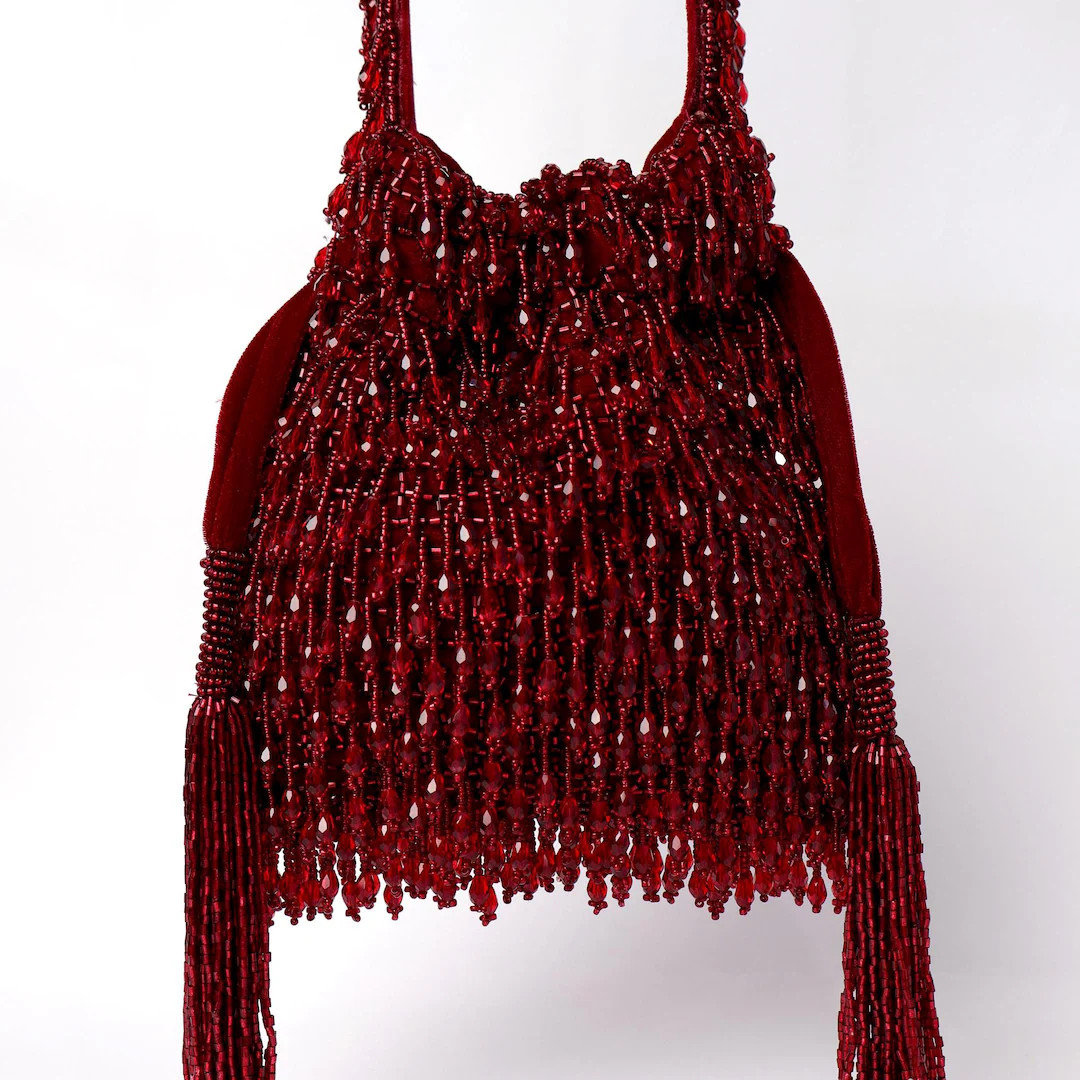 Red Crystal Potli Bag with Long Drawstring Tassels | Embellished Red Potli Bag  | Red Party Clutc... | Etsy (US)