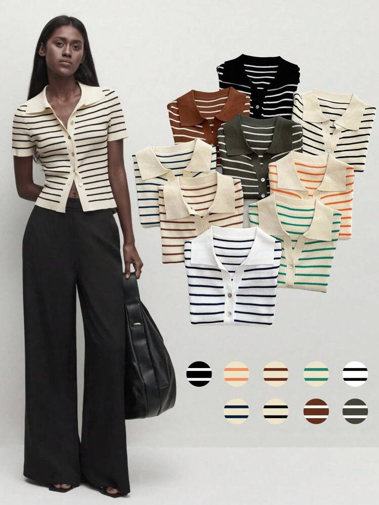 BizChic Women's Autumn Turndown Collar Striped Button Knit Sweater, Ladies Knitted Top For Urban ... | SHEIN