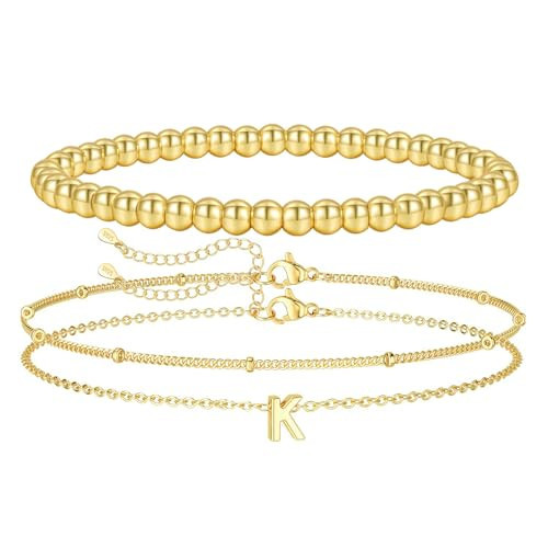 PRETOLE Gold Bracelets for Women,14K Gold Plated Beaded Bracelets Adjustable Stackable Layered Bracelets Waterproof Stretch Gold Chain Bracelet with Letter Pendant Gold Initial Bracelets for Women | Amazon (US)