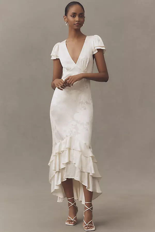 BHLDN Ruffle V-Neck Textured Midi Dress | Anthropologie (US)