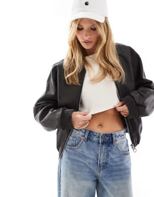 ASOS DESIGN textured leather look bomber jacket in grey | ASOS (Global)