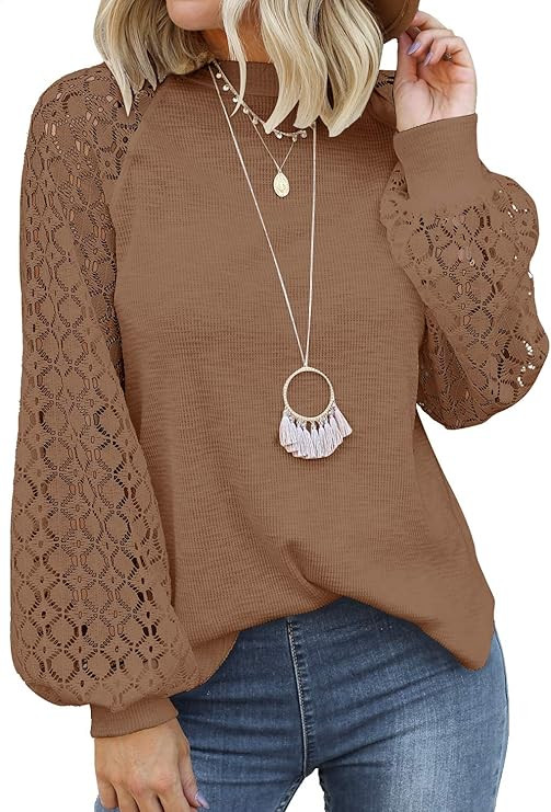 MIHOLL Women’s Long Sleeve Tops Lace Casual Loose Blouses T Shirts | Amazon (US)