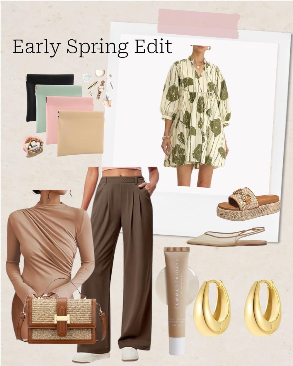 Women’s mock neck body suit, mesh sling back ballet flat shoes for spring, women’s platform sandals raffia espadrillles, slide on sandals, wide leg pants, women’s wide leg pull on stretch pants, women’s trousers, everyday trousers, women’s floral babydoll mini dress, small chunky gold hoop earrings, spring cross body bag for women, top handle purse, leather handbag, shoulder clutch with adjustable strap, summer Fridays, summer Fridays lip balm, small makeup bags, makeup bag for purse, travel makeup bags

#LTKSeasonal #LTKootd #LTKmomlife