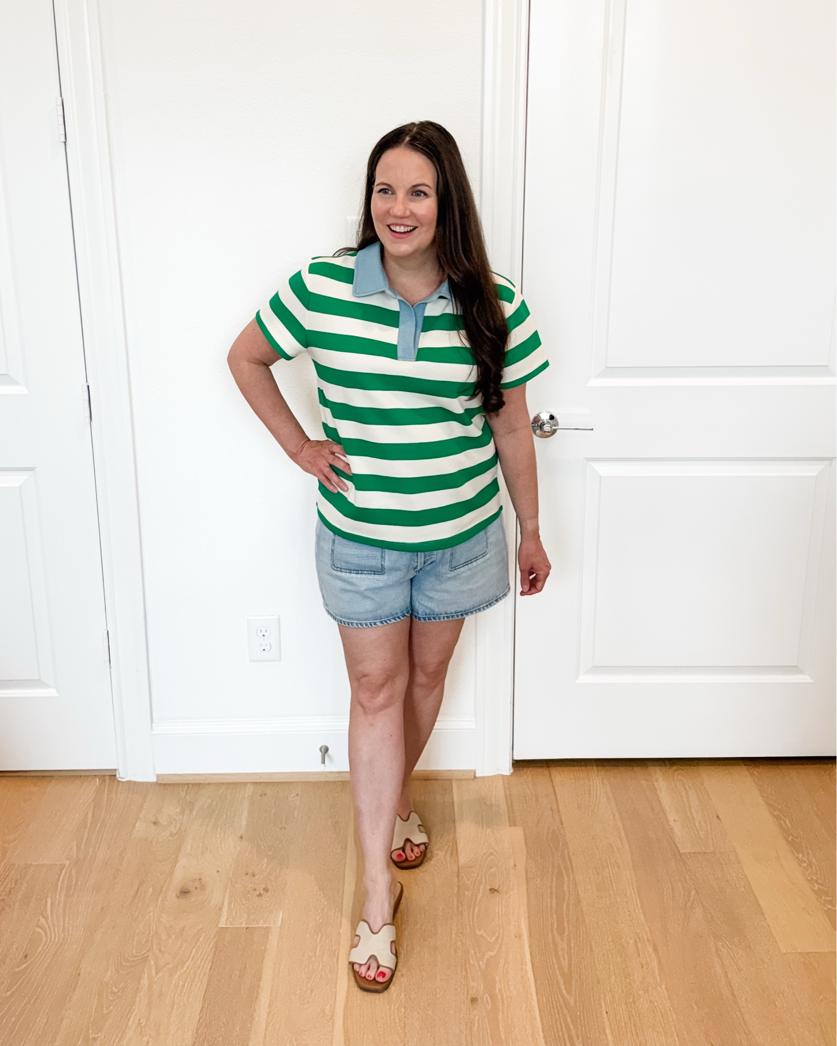 The perfect casual summer outfit for moms on the go! This easy look pairs my green striped polo top with the best denim shorts and comfortable slide sandals for an effortless everyday style. These button fly jean shorts are flattering, versatile, and a staple for summer outfits, whether you’re heading to the park, running errands, traveling, or packing for vacation. If you’re looking for a comfortable and stylish vacation outfit or an easy mom outfit, this classic combination is one you’ll wear on repeat all season long.
Want to try Nuuly? Reach out for a discount code.

#LTKSeasonal #LTKOver40 #LTKootd