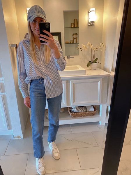 button down. button down shirt. simple style.  mom style. mom ootd. classic style. preppy style. stripe button down. mom jeans. baggy jeans. white sneakers. midi sneakers  

#LTKshoecrush #LTKworkwear