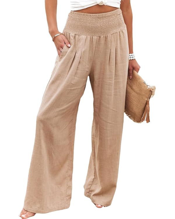 Sukany Women's Summer Boho Smocked High Waisted Cotton Linen Wide Leg Pants Long Lounge Palazzo P... | Amazon (UK)