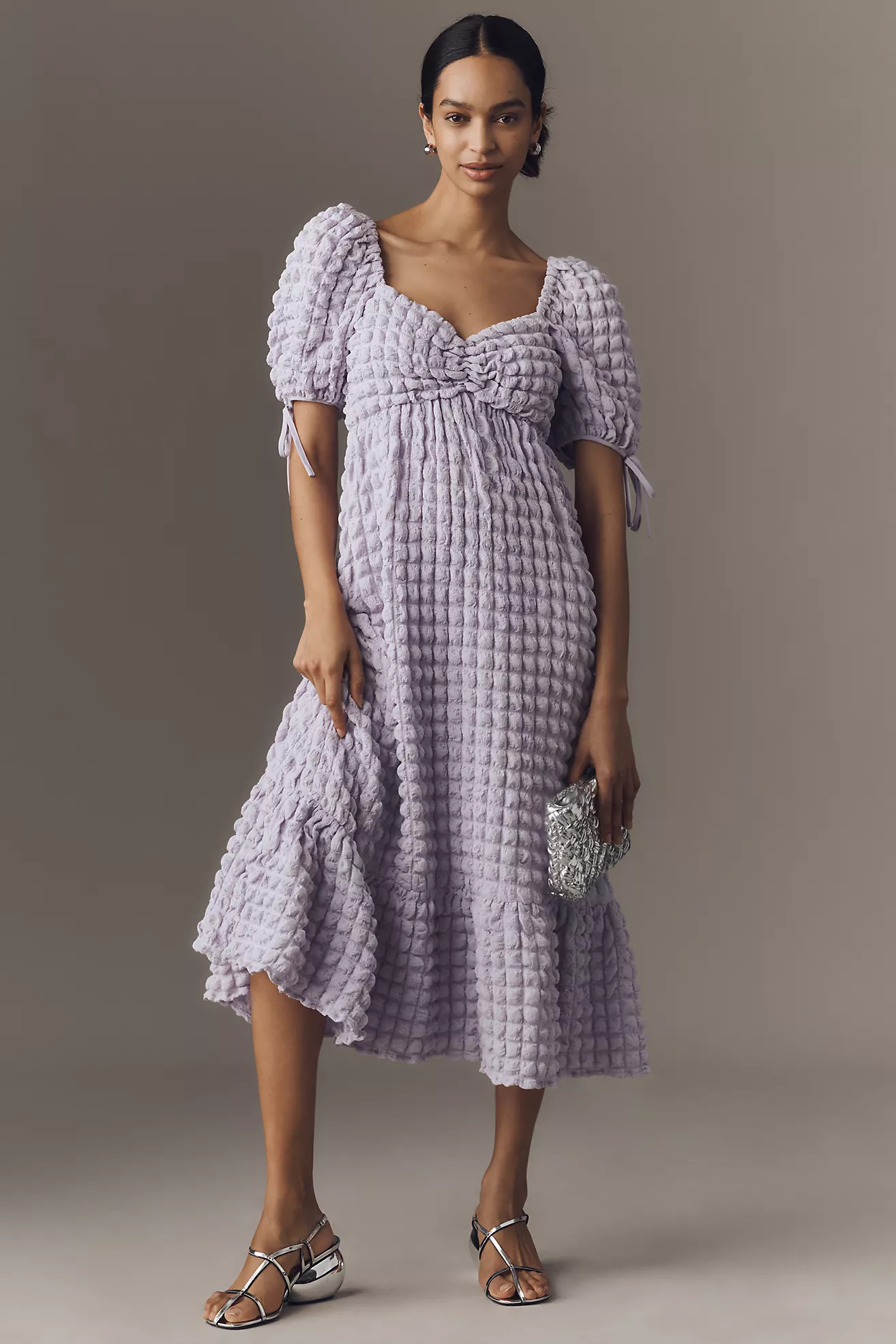 Endless Rose Puff-Sleeve Sweetheart Textured Midi Dress | Anthropologie (US)