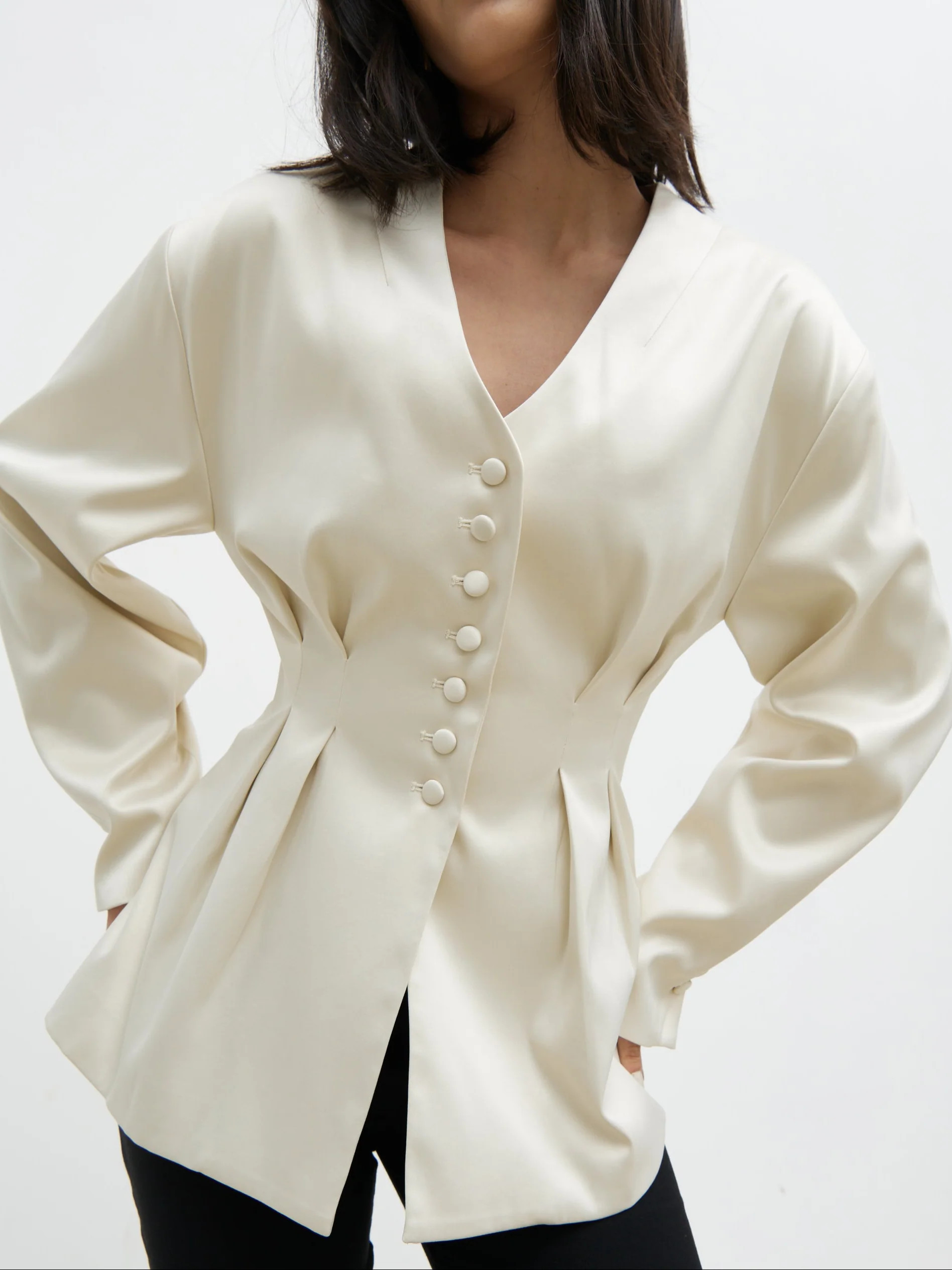 Amora Collarless Bonded Satin Jacket - Oyster | Pretty Lavish (UK)