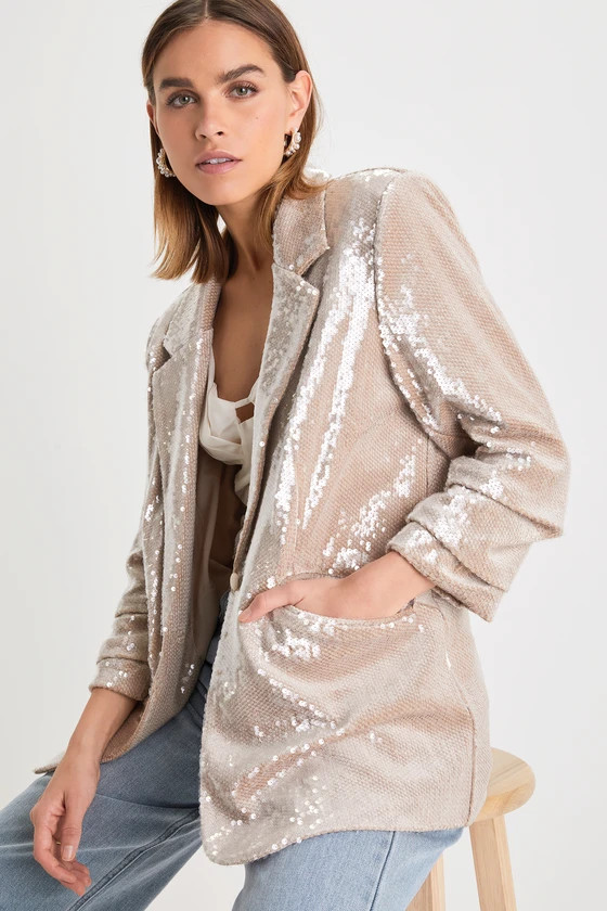 Radiant Behavior Beige Sequin Ruched Sleeve Blazer | Lulus