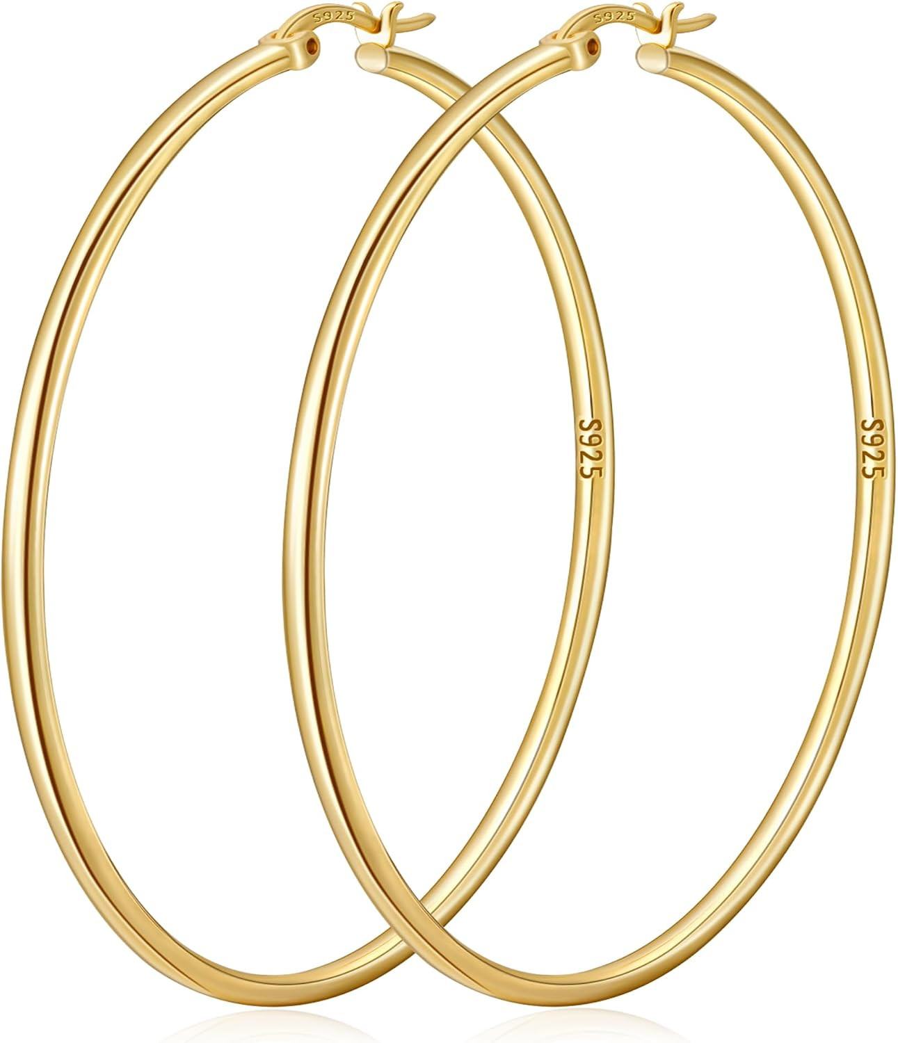 2mm Thin 14K Gold Plated Large S925 Sterling Silver Hoop Earrings for Women Hypoallergenic Big Hoop Non Tarnish Earrings Lightweight 20/30/40/50/60/70mm | Amazon (US)
