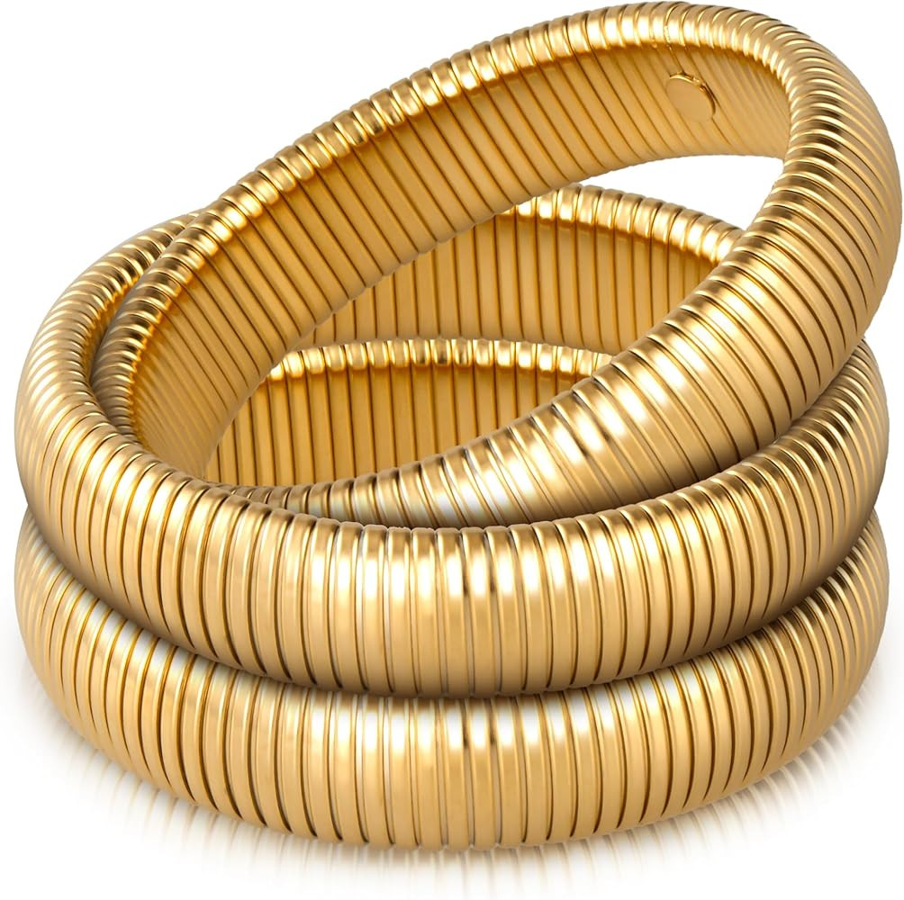 Gold Bangle Bracelets for Women Chunky Stretch Bracelet Set Stackable Bangles 14K Gold Plated Sta... | Amazon (US)