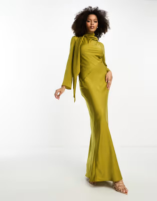 ASOS DESIGN long sleeve satin bias maxi dress with scarf detail in gold | ASOS (Global)