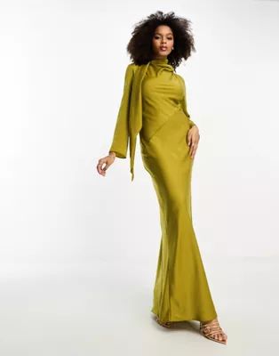 ASOS DESIGN long sleeve satin bias maxi dress with scarf detail in gold | ASOS (Global)