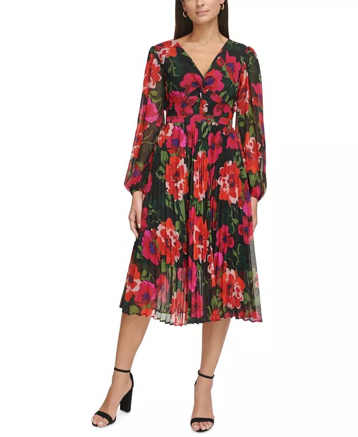 Women's Floral-Print Twist-Front Pleated Midi Dress | Macy's Canada