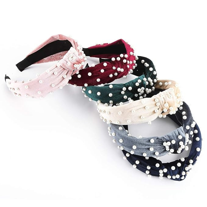Makone Headbands with pearls for Women Wide Headband Knot Pearl Headbands Velvet Headband Vintage... | Amazon (US)