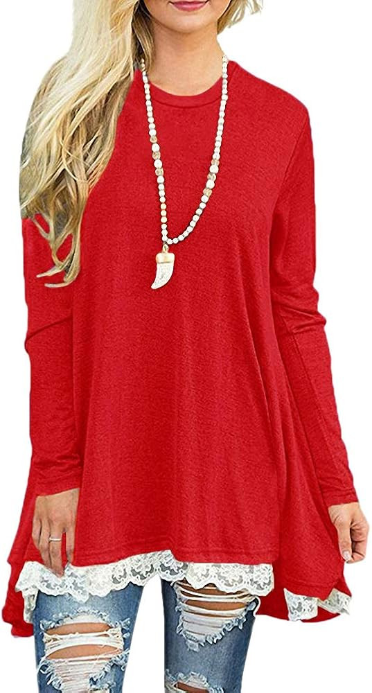 Afibi Women Lace Long Sleeve A-line Swing T-Shirt Loose Tunic Top Blouse | Amazon (US)