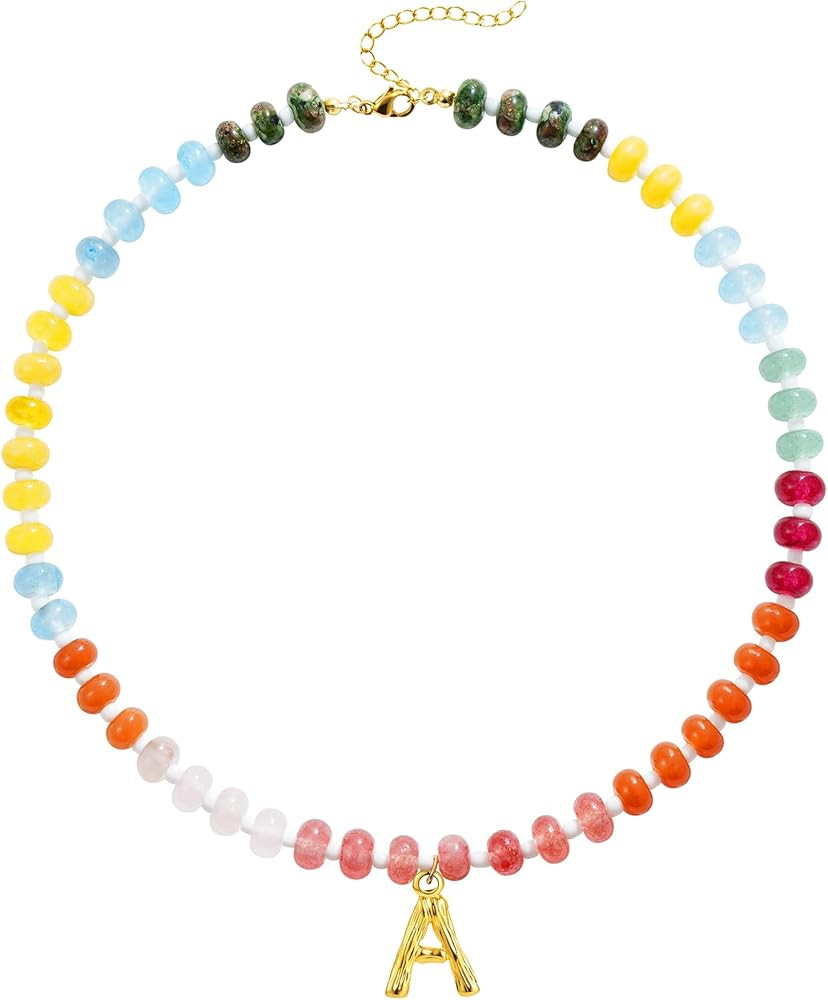SLOONG Colorful Beaded Necklace for Women, Boho Necklaces Bohemian Rainbow 14K Gold Plated Initia... | Amazon (US)