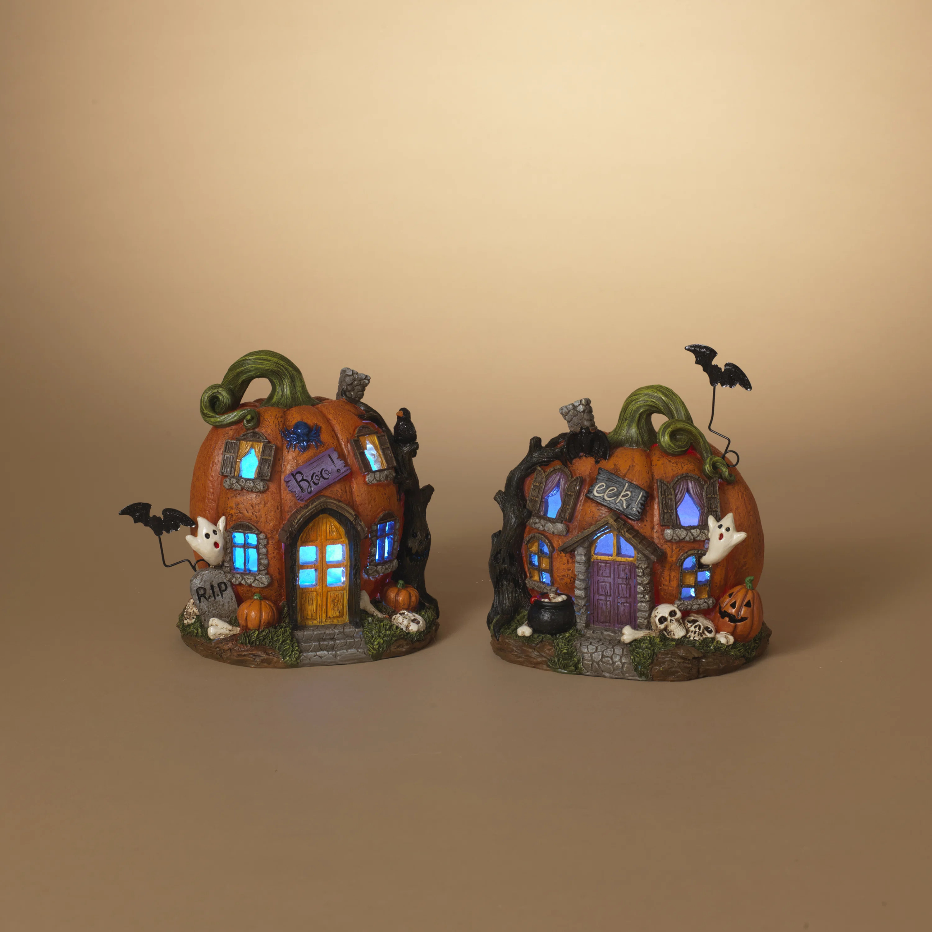 8.4 Inches Long Battery Operated Lighted Resin Halloween Pumpkin Houses With Timer Set Of 2 | Wayfair North America