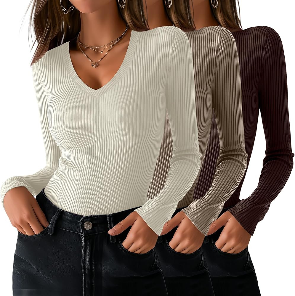 3 Pack Women's Ribbed Long Sleeve V Neck Tops Thermal Undershirt Fall Winter Stretch Slim Fitted ... | Amazon (US)