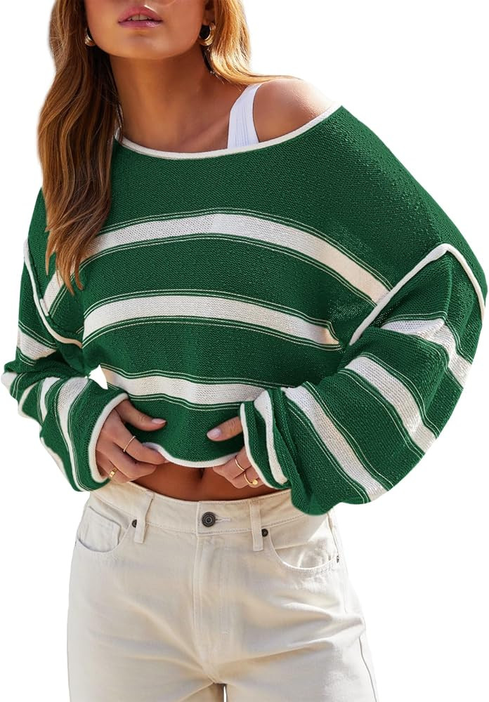 Balimtoy Womens Lightweight Cropped Sweaters Casual Long Sleeve Crew Neck Loose Striped Sweater P... | Amazon (US)