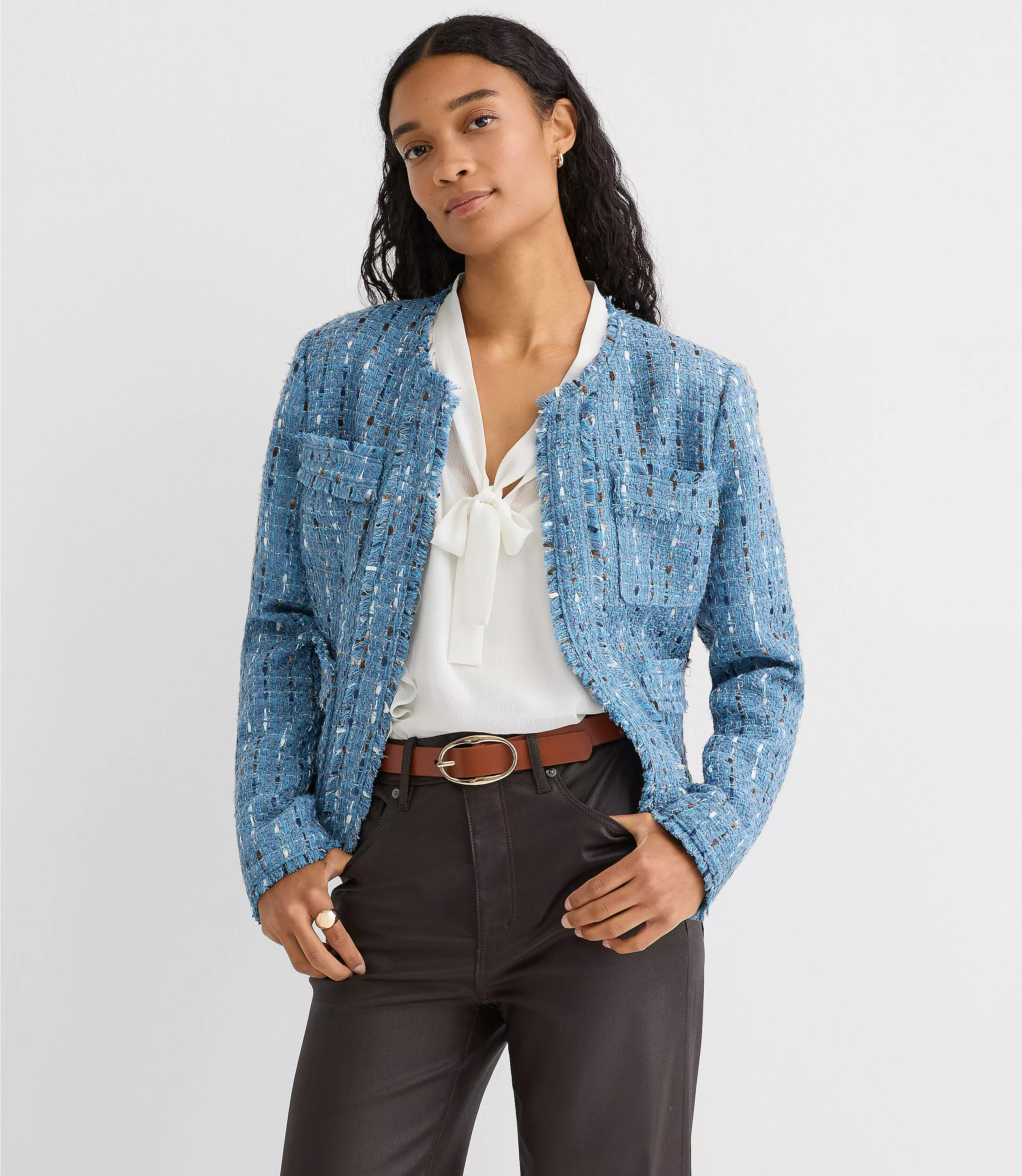 Frayed Tweed Collarless Jacket | LOFT