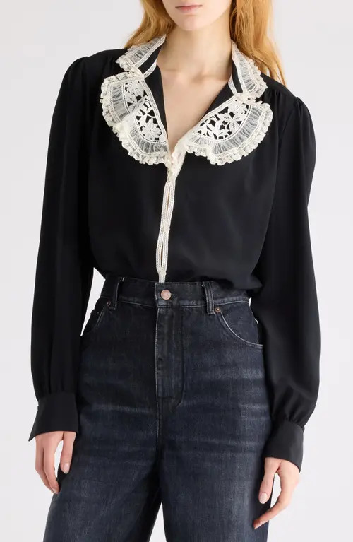 Chloé Silk Crêpe de Chine & Lace Ruffle Collar Button-Up Shirt in Black at Nordstrom, Size 10 Us | Nordstrom