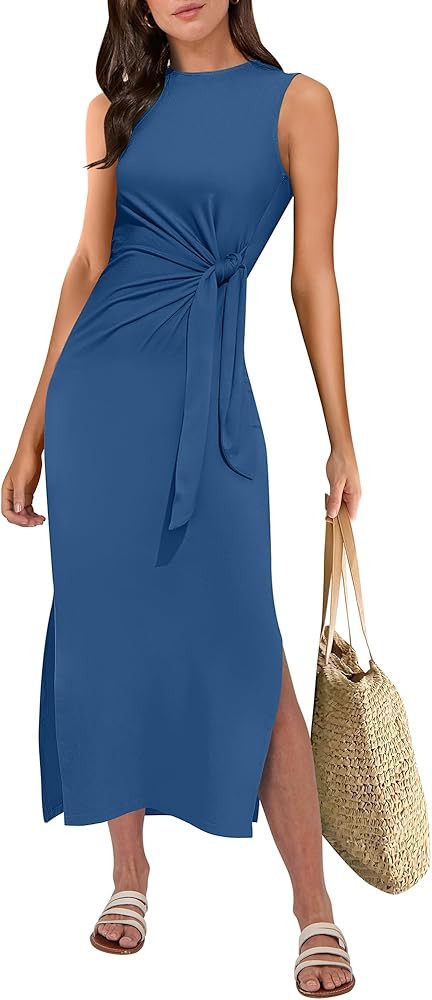 ANRABESS Womens Summer Casual Sleeveless T Shirt Midi Dress Slim Fit Tie Waist Split Tank Long Dr... | Amazon (US)